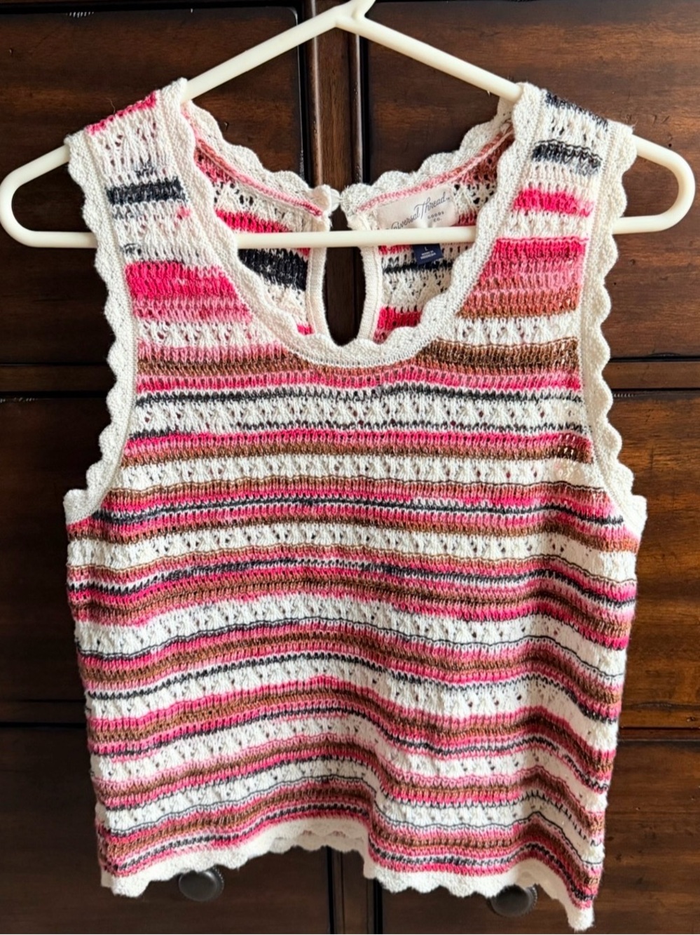 Universal Thread Striped Open-Knit Tank Top - White, Pink & Brown